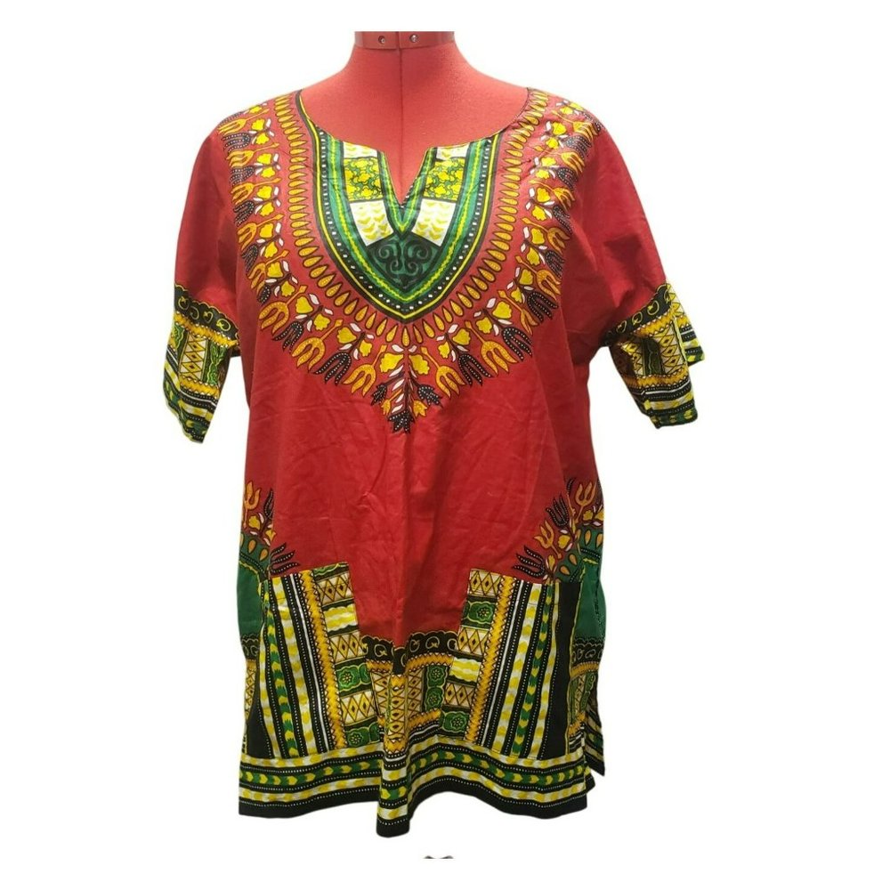 Lapogee African Dashiki Tunic Top, Large, Cotton, Red & Multicolor Print, Unisex